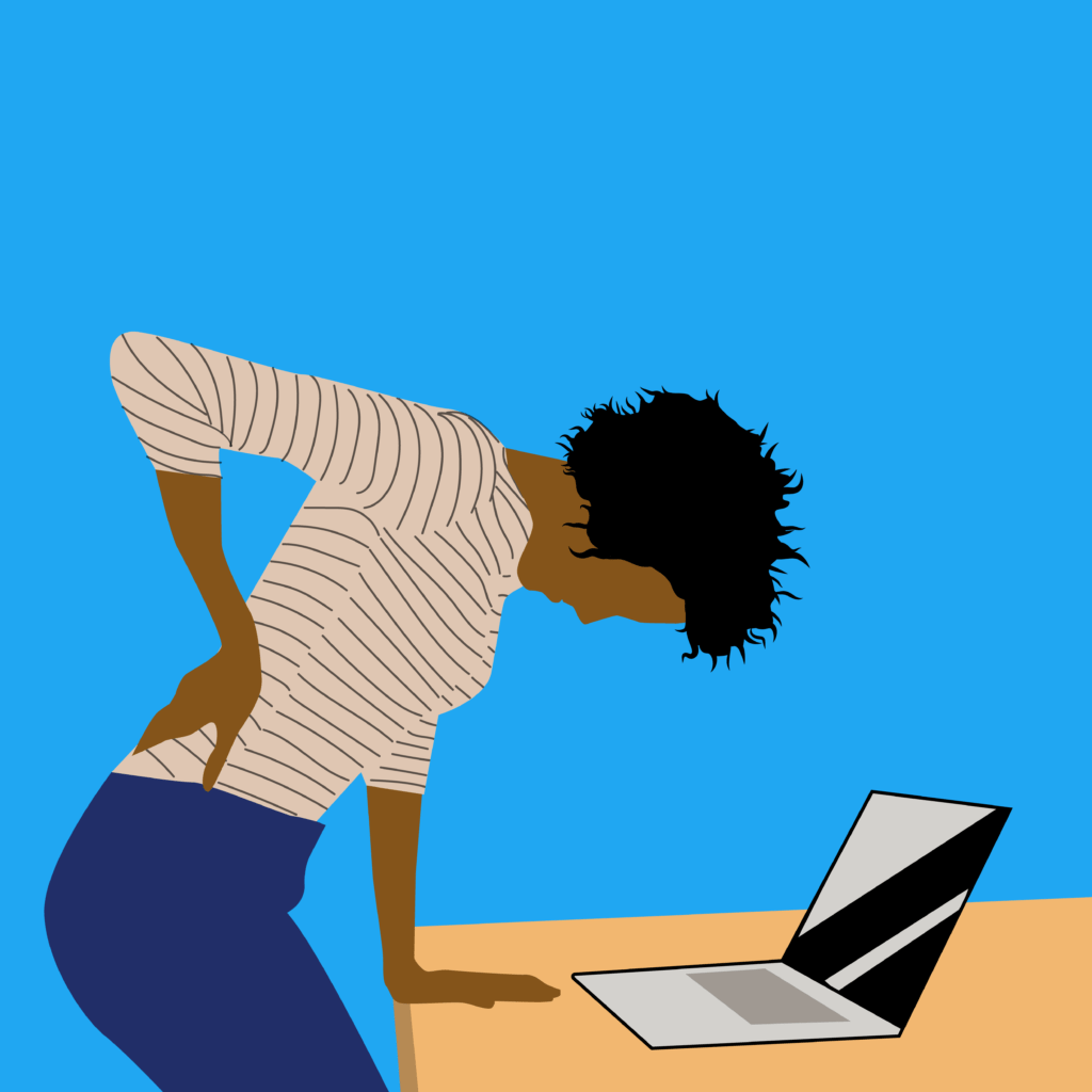 Lady with Back Pain over a laptop on a table.