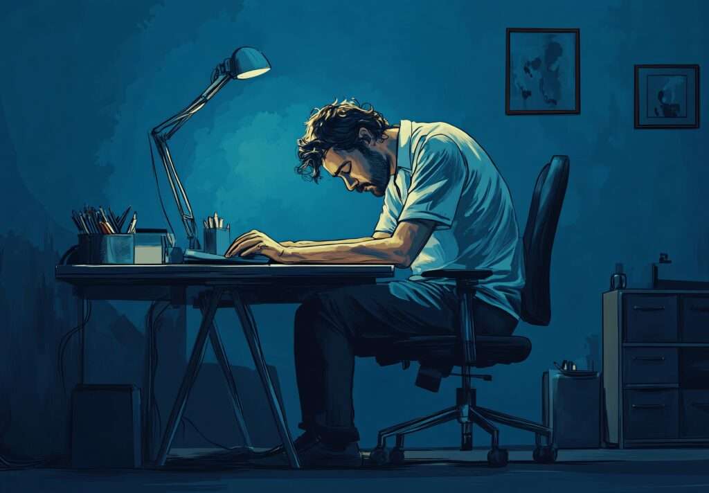 AI generated man slumping over desk in dim lighting