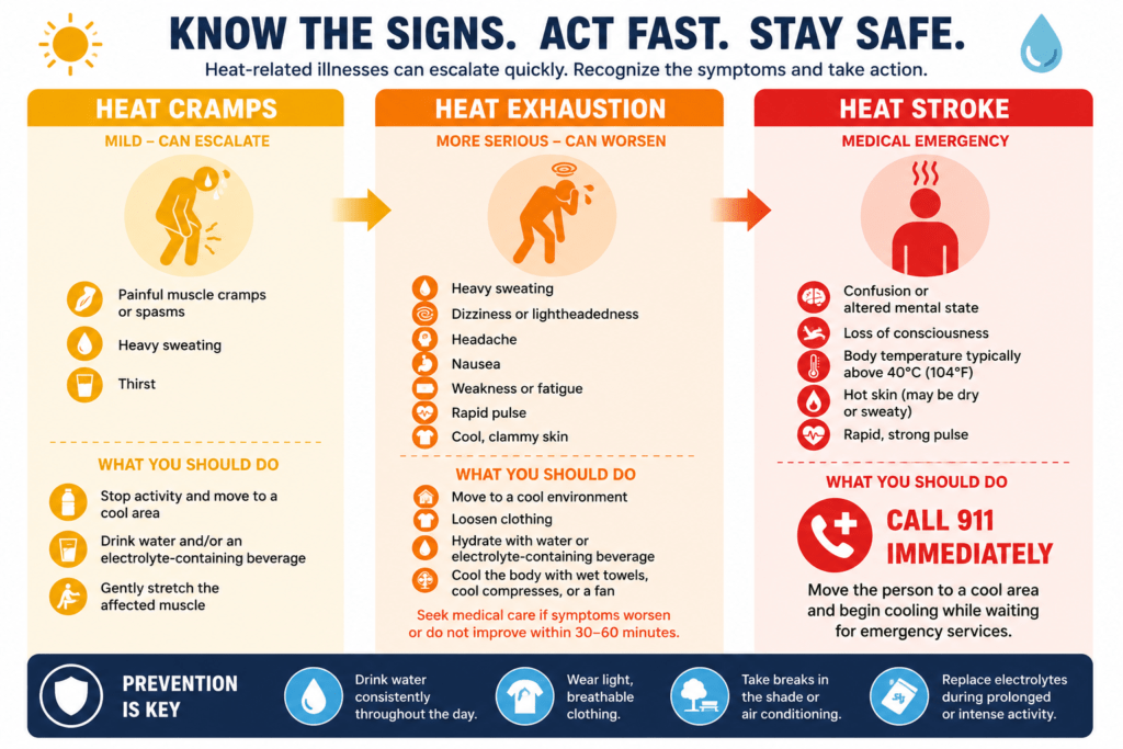Differentiating between Heat Cramps, Heat Exhaustion and Heat Stroke.
